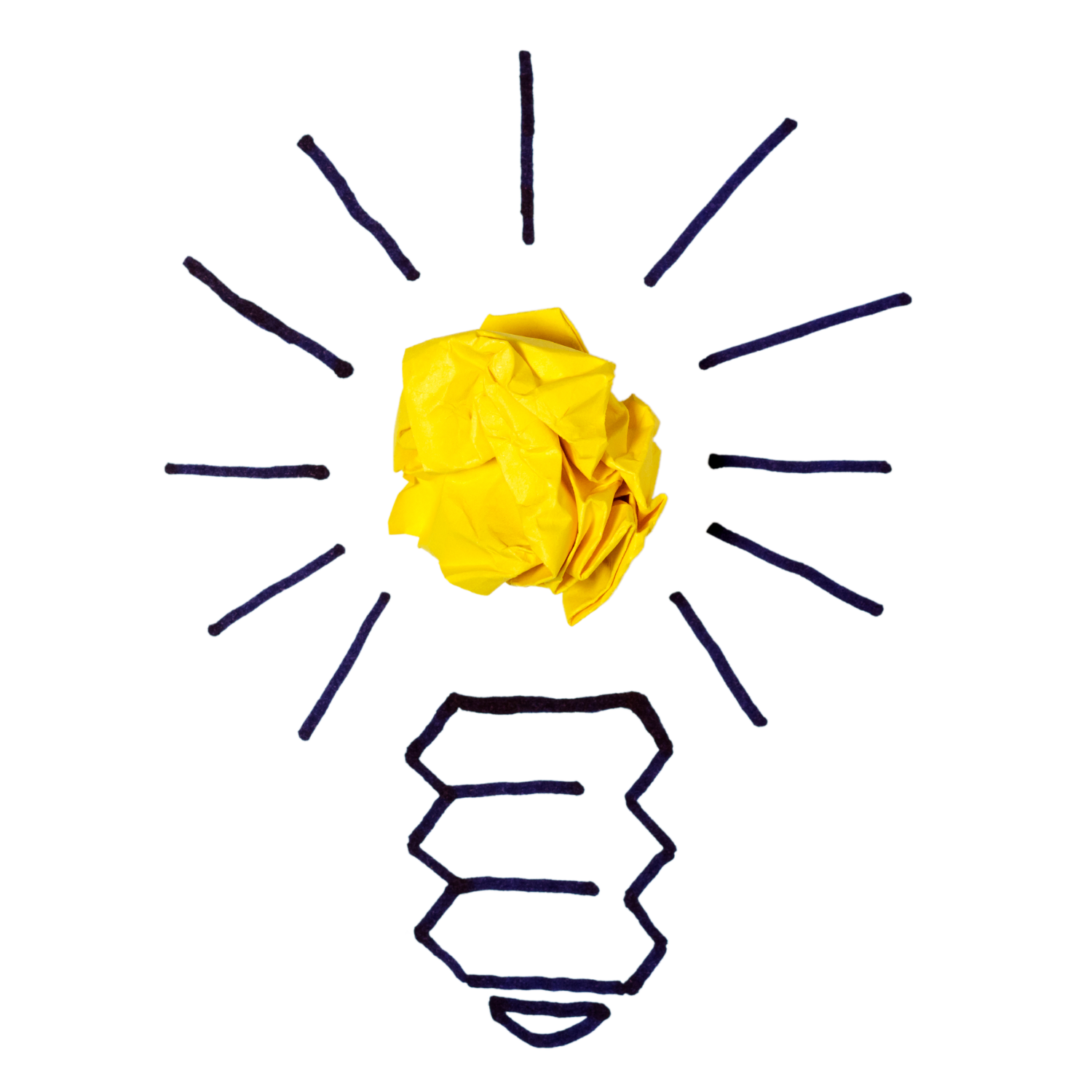 Drawing of a lightbulb with a crumpled piece of yellow paper for the bulb